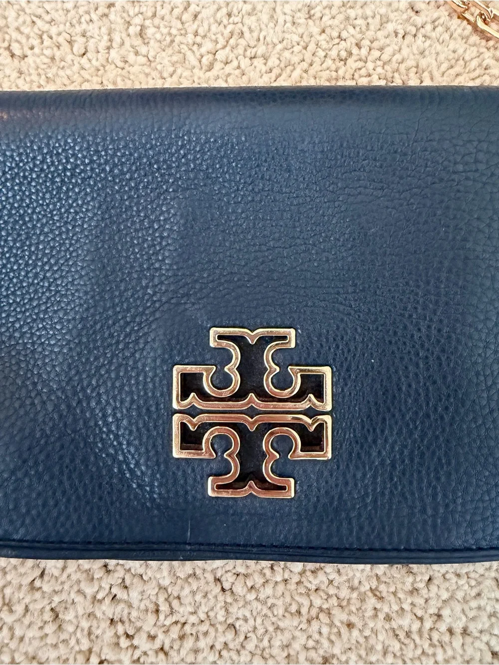 Tory Burch Black Leather Crossbody Bag with Gold Logo and Chain